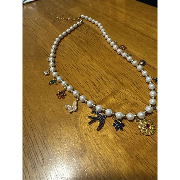 Necklace Gold Zirconia Loaded with Chunky Charms Bird Flower Leaf Beads, Pearls - Picture 8 of 9